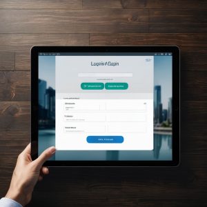 A person holding a tablet displaying a login screen with fields for username and password, alongside buttons for logging in, registering a new account, and password recovery. The screen features a blurred cityscape in the background while resting on a dark wooden surface.