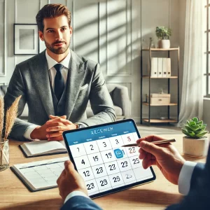 A professional financial advisor in a modern office discussing an appointment with a client, with a calendar and appointment reminder visible on a tablet.