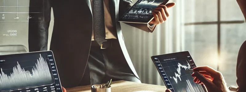 A professional financial advisor in a modern office analyzing investment documents, with a laptop displaying live stock market data and a tablet showing an investment growth chart. The scene conveys trust and expertise.