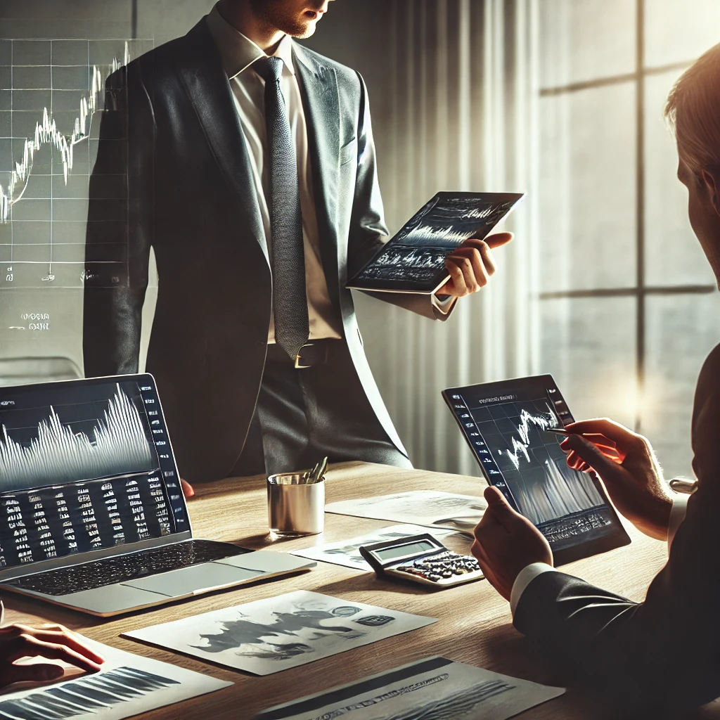 A professional financial advisor in a modern office analyzing investment documents, with a laptop displaying live stock market data and a tablet showing an investment growth chart. The scene conveys trust and expertise.