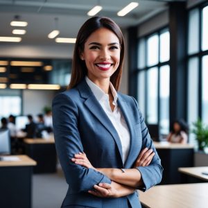 A confident businesswoman in a professional office setting, smiling with arms crossed, representing strong partnerships and business connections.