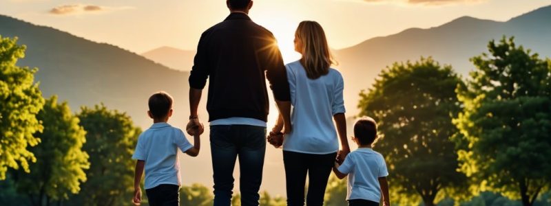 A happy family walking together in a warm, tranquil environment, smiling and enjoying quality time, symbolising security and financial protection.