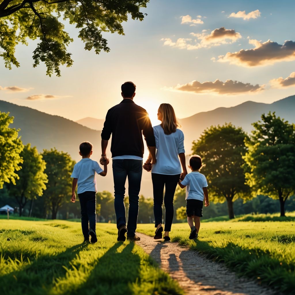 A happy family walking together in a warm, tranquil environment, smiling and enjoying quality time, symbolising security and financial protection.