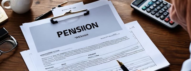 An elderly financial advisor is seated at a cluttered desk with documents, a calculator, and a laptop, focused on pension paperwork.