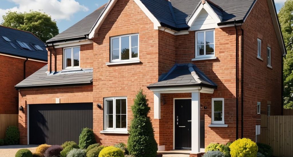 A modern family home with a well-maintained garden and a "For Sale" sign in the front yard, symbolising mortgage and homeownership opportunities.